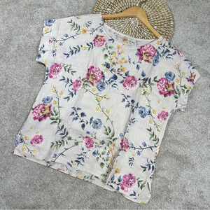 Bella Umbra 100% Linen Blouse Light Tan Floral Shortsleeve Made in Italy Size M